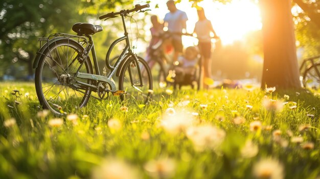 Bicycle on green grass in the park People relaxing Happy family enjoy time together outside togetherness love happiness concept