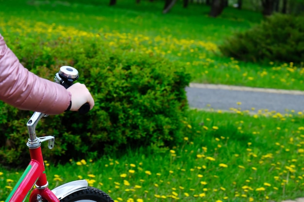 テキスト用のスペースがある草のぼやけた背景にレベックの手に自転車のハンドルバー