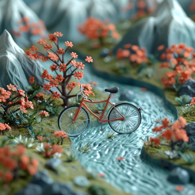 a bicycle is on a bridge with flowers and trees