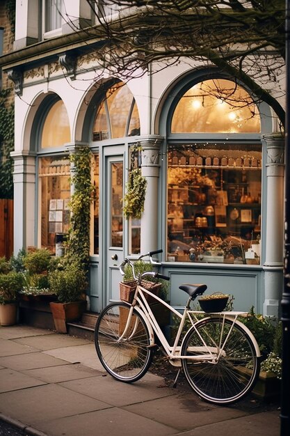 a bicycle is outside of a small brick cottage