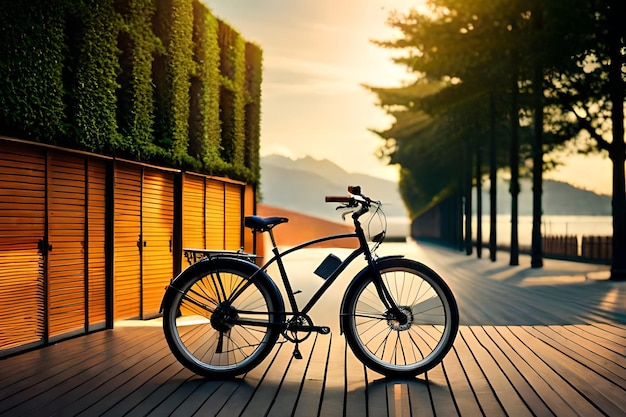 A bicycle is parked on a wooden deck with a sunset in the background.