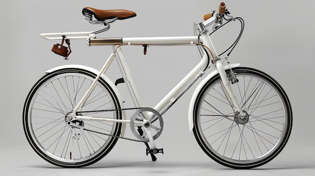 Велосипед имеет простой элегантный дизайн с белой рамой и коричневым кожаным сиденьем.