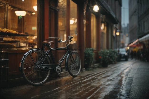 A bicycle is standing on the side of the road