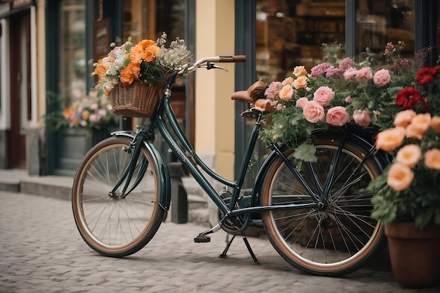 A bicycle is standing on the side of the road