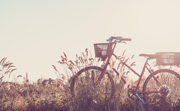 Photo bicycle on land against clear sky during sunset