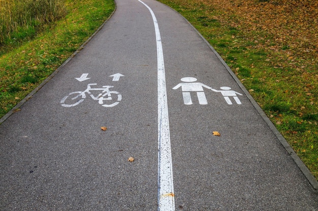 사진 도로 아스팔트에 그려진 자전거 차선 표지판과 보행자 차선 표지판.