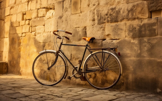 A bicycle leaning against a wall with a basket AI