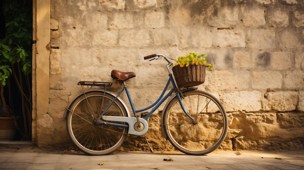 A bicycle leaning against a wall with a basket on it