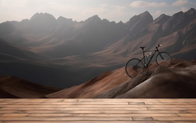 A bicycle on a mountain with a mountain background