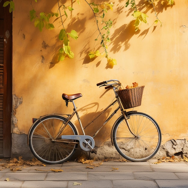 写真 壁に寄りかかって駐車した自転車