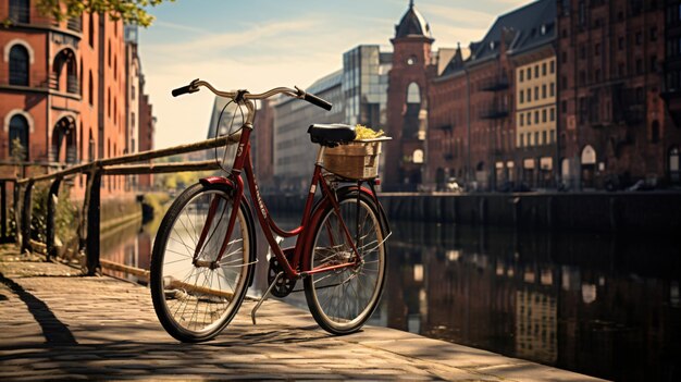 Bicycle parked on a bridge in old warehouse district