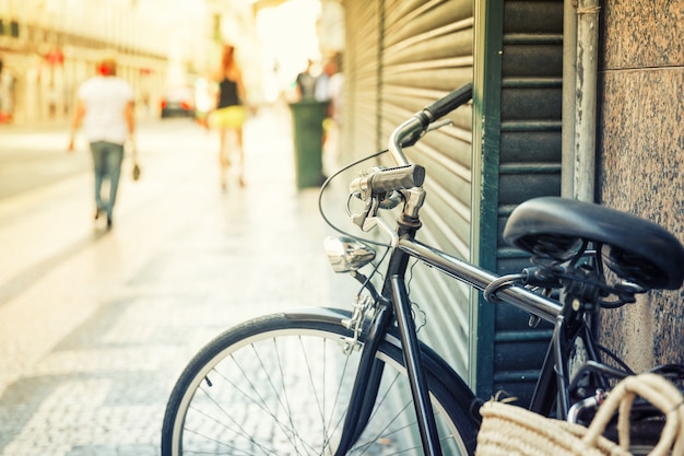 Bicycle parked on the european street close up, Portugal