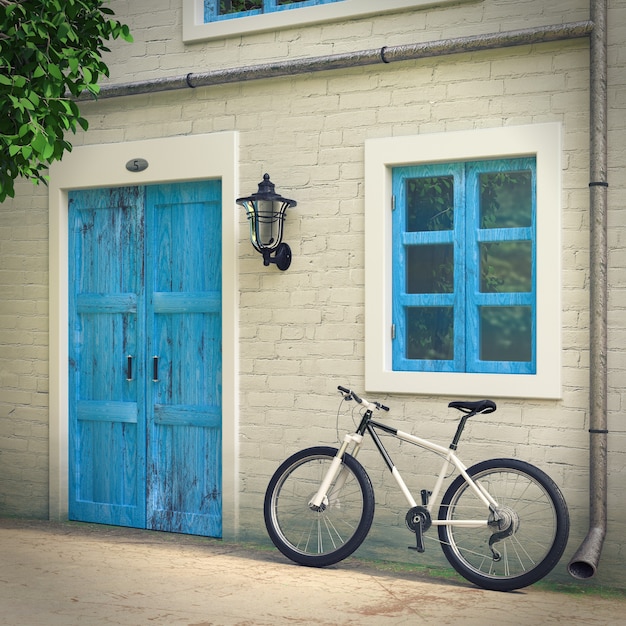 Bicycle Parked in front of Retro Vintage European House Building, Narrow Street Scene extreme closeup. 3d Rendering