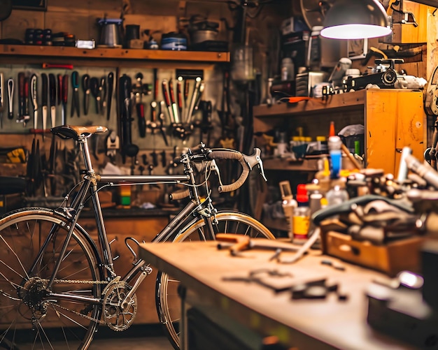 a bicycle parked in a garage next to a workbench