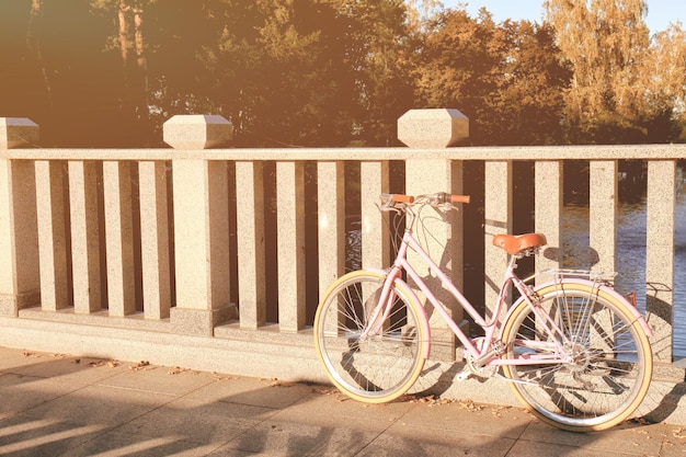 Bicycle parked near bridge banisters