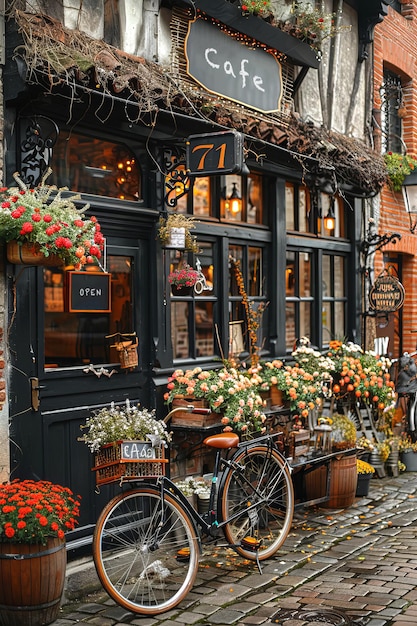 A bicycle parked outside a vintage cafe with a bouquet of flowers in a basket