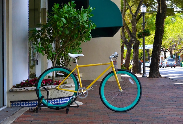 Bicycle parked on sidewalk