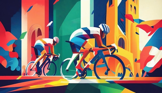 Bicycle race in the style of bright geometric abstractions by Generative AI