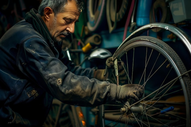 A bicycle repairman fixing a bike tire showcasing expertise in bicycle repair