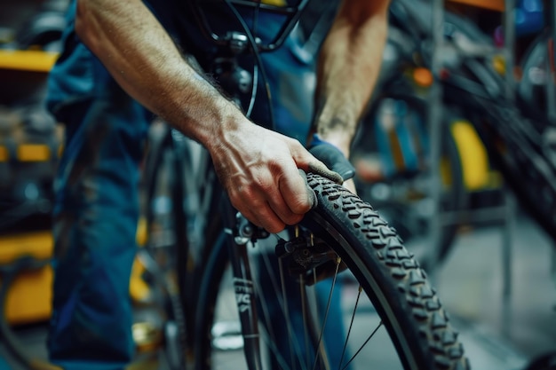 自転車の修理の専門知識を示す自転車のタイヤを修理する自転車修理員