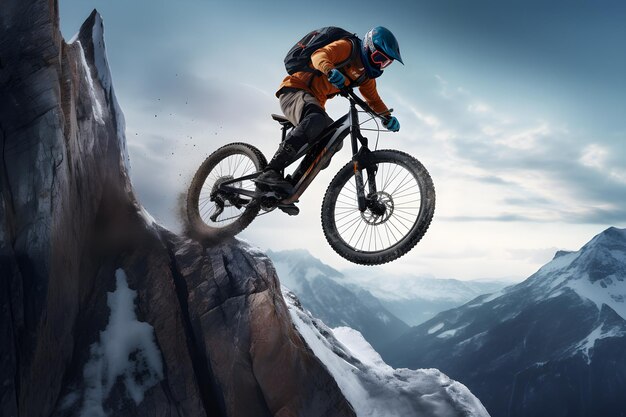 写真 自転車のライダーが雪の山で壮大なジャンプを演じる