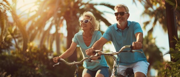 Bicycle riding by a couple of mature adults