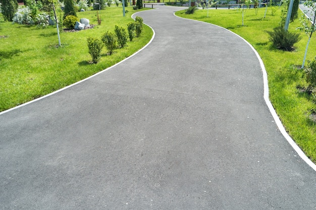 緑の芝生のある緑豊かな公園の自転車道