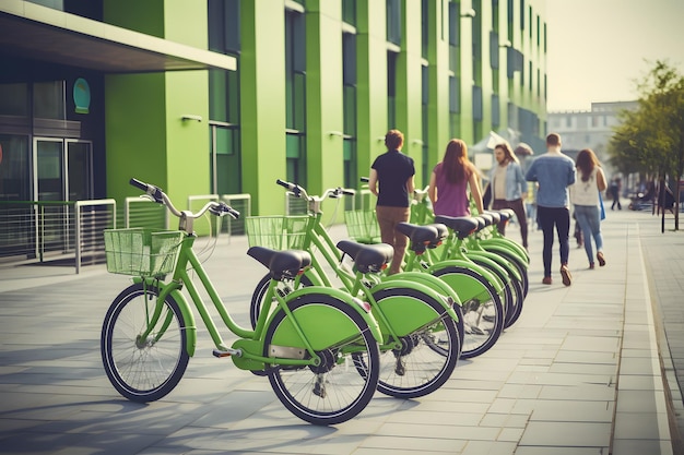 Foto bicycle sharing-concept in een stedelijke omgeving met moderne gebouwen