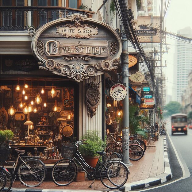 Photo bicycle shop sign on the street of the city