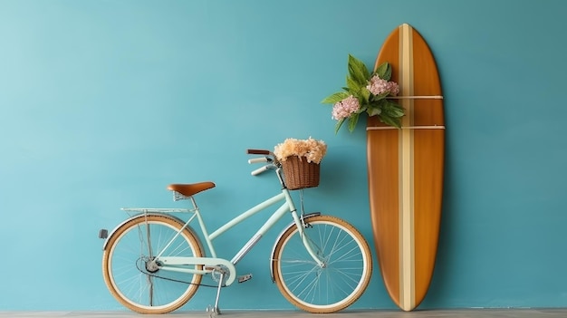 A bicycle and a surfboard are against a blue wall with a surfboard.