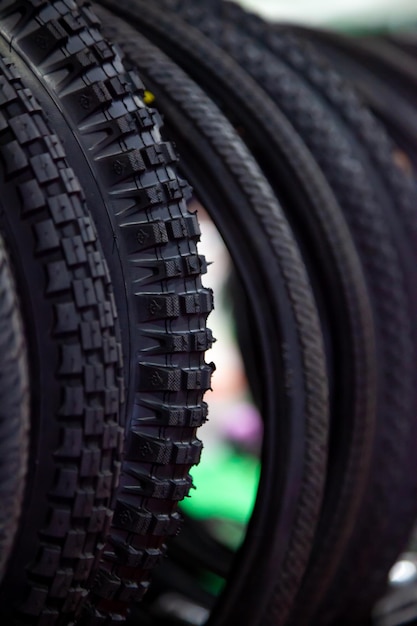 Bicycle tires in closeup Tire texture Black background