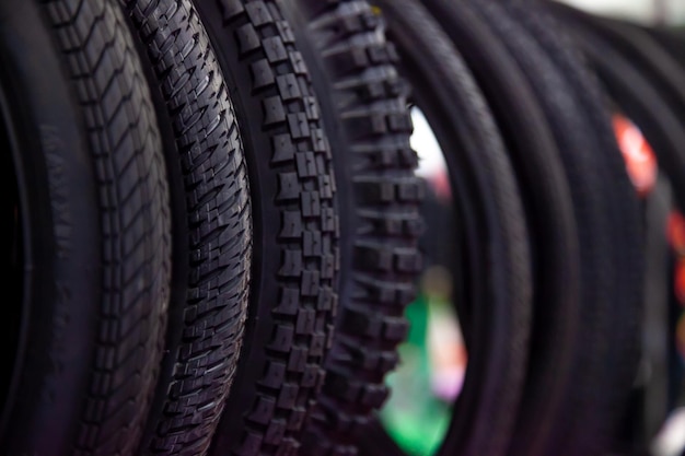 Bicycle tires in closeup Tire texture Black background