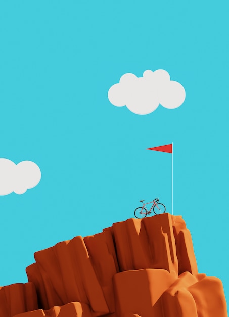 Bicycle on top of a mountain with flag, winner concept