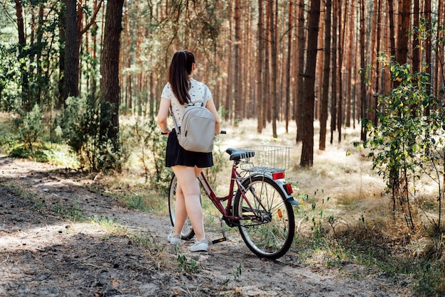 Bicycle tourism road biking trails bicycles for rent single woman riding bike in pine forest in