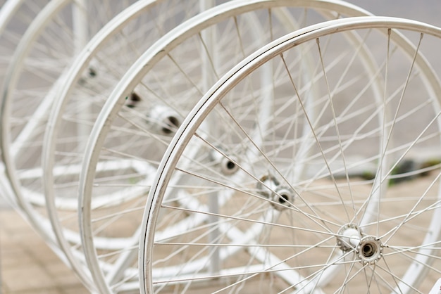 Bicycle wheels with spokes in a perspective as decor