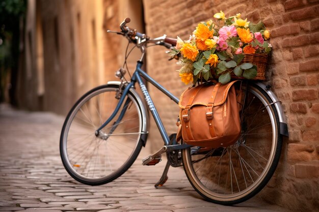 Велосипед с рюкзаком, опирающийся на кирпичную стену