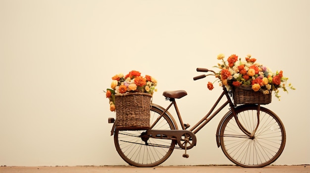 A bicycle with a basket of flowers on the front