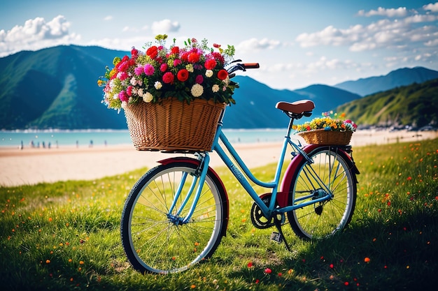 Bicycle with a basket of flowers on the sea coast on white sand generative ai