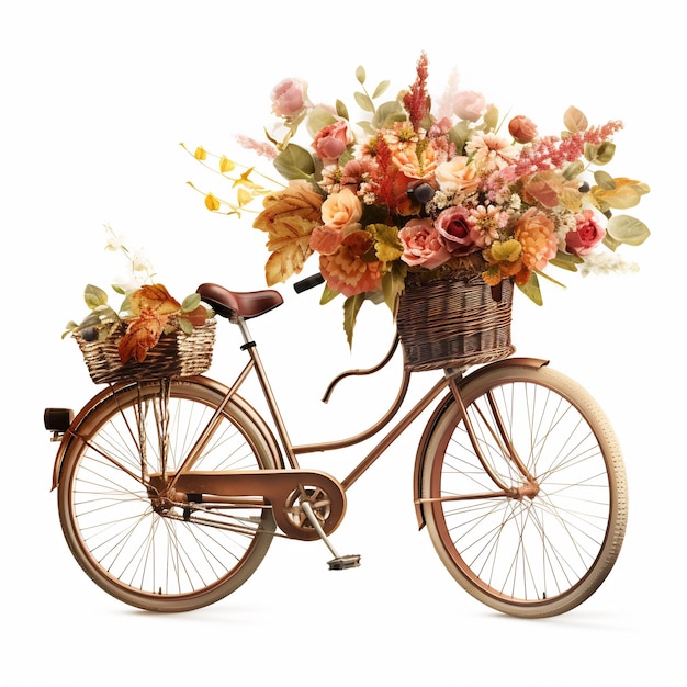 a bicycle with a basket full of flowers and a bicycle with a basket full of flowers.