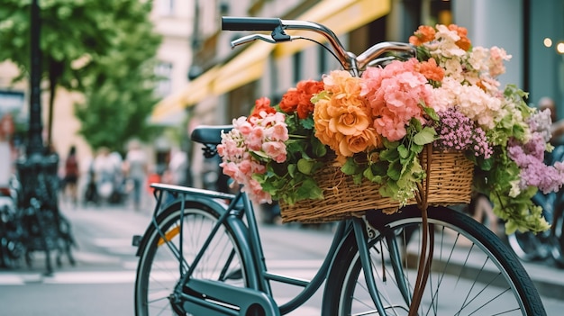 A bicycle with a basket full of flowers Generative AI image