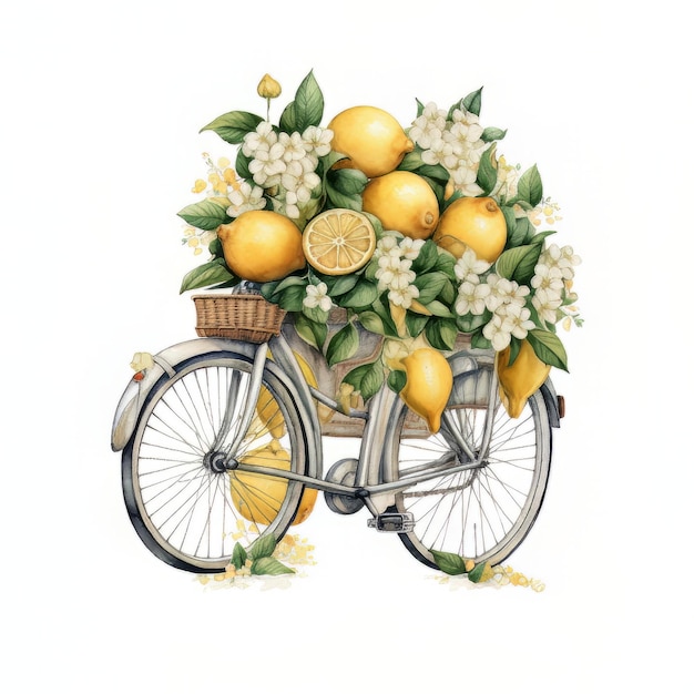 A bicycle with a bunch of lemons on it