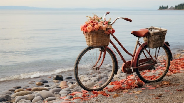 Велосипед с цветами на пляже