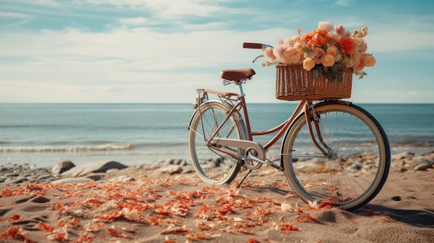 ビーチで花を飾った自転車