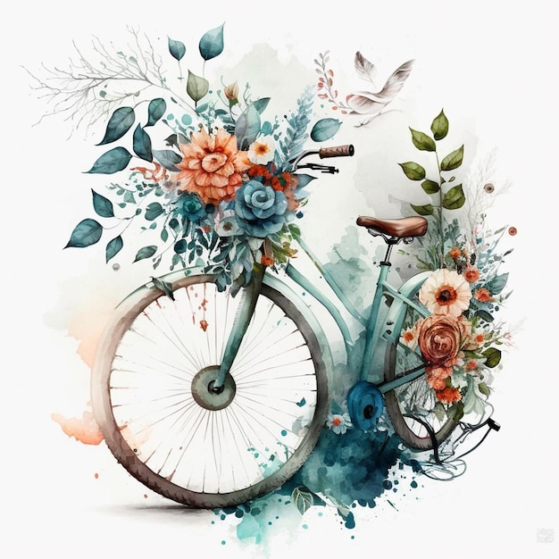 A bicycle with flowers on it and a bird on the back