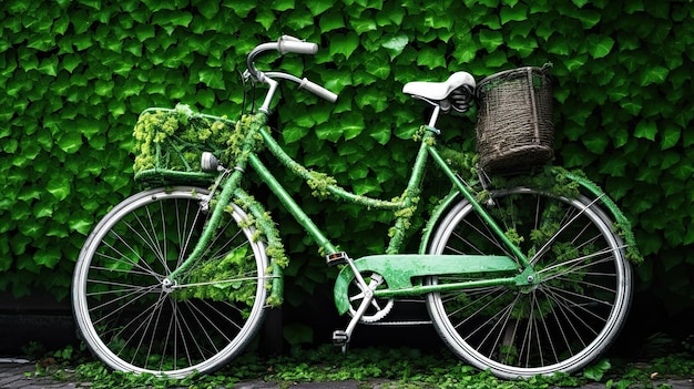 Photo bicycle with green leaf tendril eco and environment concept generative ai