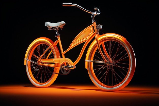 a bicycle with orange lights on it is illuminated by a bright orange light.