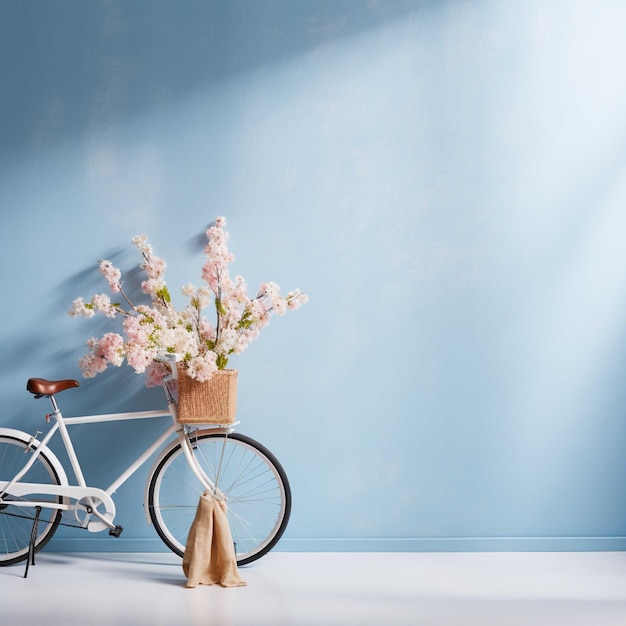 Bicycle with surfboard on blue wall background 3d render