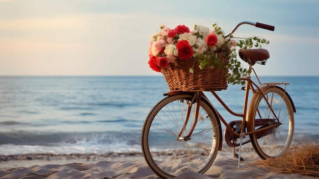 Bicycle with a yellow flower basket next to the sea