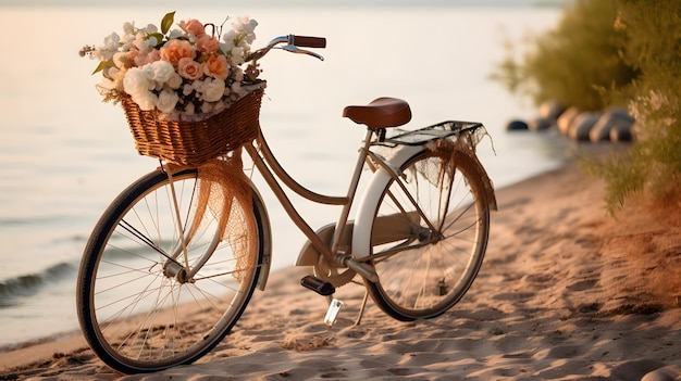 Bicycle with a yellow flower basket next to the sea