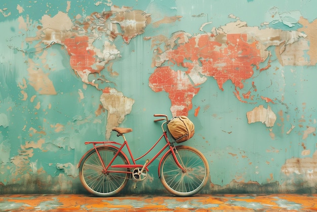 Bicycle world map wall eco environment sustainable transport travel protect nature bike earth day